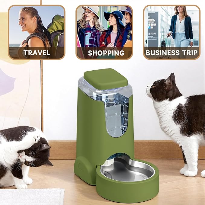 HWONMTE Portable Automatic Cat Feeder and Water Dispenser with Stainless Steel Bowl Dog Gravity Food Feeder and Waterer for Small Medium Pets Puppy Kitten 1 Gallon x 2 (Olive Green) - Image 3