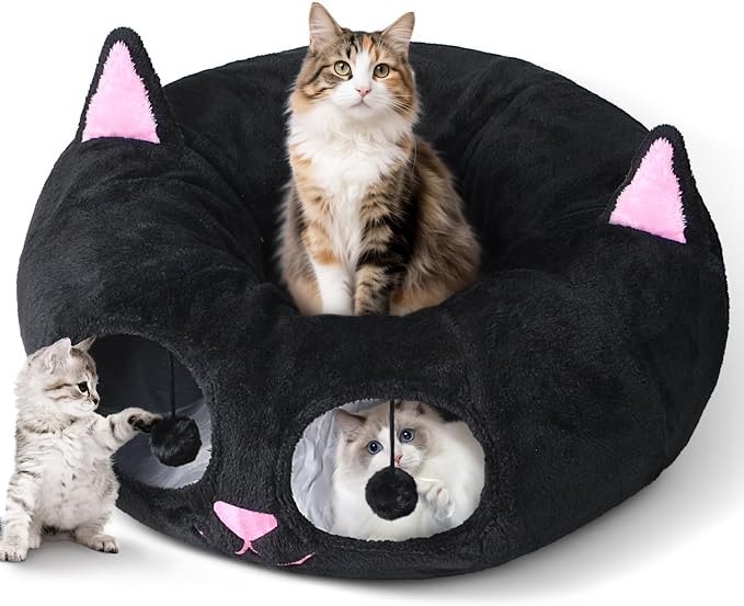 Baseola Fuzzy Cat Tunnel Bed for Indoor Cats, 2-in-1 Interactive Cat Toys | Peekaboo Cat Cave with Washable Mat, Collapsible Cat Play Tunnel for Kittens & Small Pets, Cat Donut Bed Tunnel, Black Pink by Baseola
