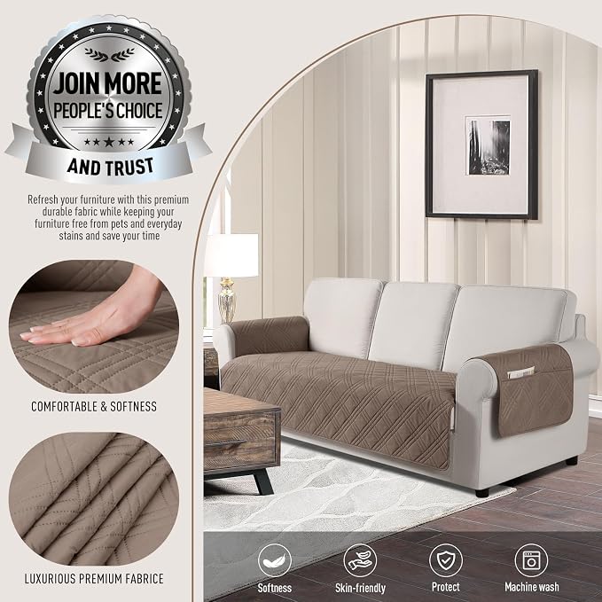 TAOCOCO Waterproof Couch Covers for Dogs, Non Slip Pet Sofa Cover, 72.4'' | Washable Couch Seat Covers with Arms for 3 Cushion Couch, Dog Couch Cover Protector, Pockets & Backless Design, Taupe - Image 2