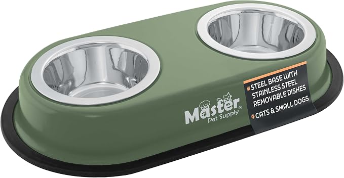 Master Pet Supply Double Dog Bowls Set with Elevated Base Camo Patrol | 2 - (8 oz) Stainless Steel Removable Dishes Double Cat Food Water Bowl, Dog Puppy Food Bowl Set, Rust Resistant, Raised Dish by MasterPetSupply
