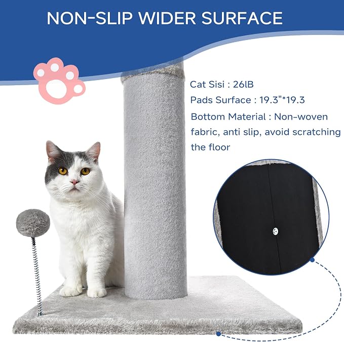 Cat Craft 41" Tall Cat Scratching Post for Large Cats, Light Grey | Short Plush Fabric, Stable Wide Base, Replaceable Hanging Ball, Full Stretch Design - Image 5