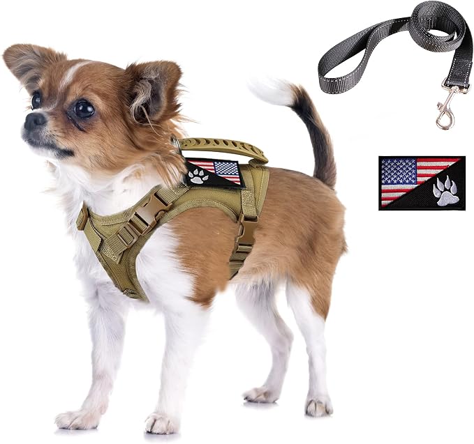 Tactical Dog Harness with Leash Tactical Puppy Vest with Rubber Handle K9 Military Adjustable Pet Harness for Outdoor Training XS Dog Harness (Brown Harness with Leash) by FXGOING