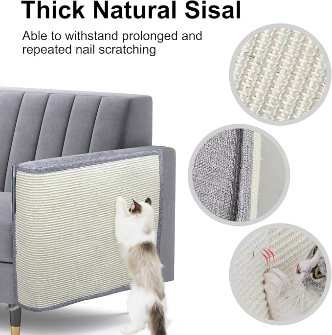 Upgraded Cat Scratch Furniture Protector,Cat Scratch Sofa Arm Sheild with Large Size Natural Sisal for Protecting Couch Sofa Chair Furniture 27.6''L*19.6''W (Light Grey/Left Handed) - Image 3