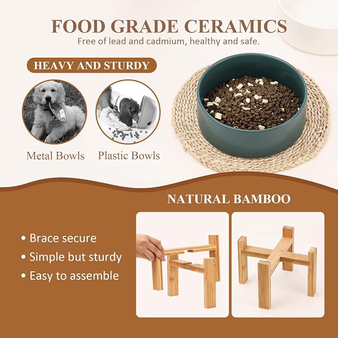 Raised Ceramic Large Dog Bowl - Heavy Weighted Dog Dish with Bamboo Stand - Elevated for Comfortable Feeding - 8.3" W x 8" H - 4.5 Cups (68 fl oz) - White - Image 4