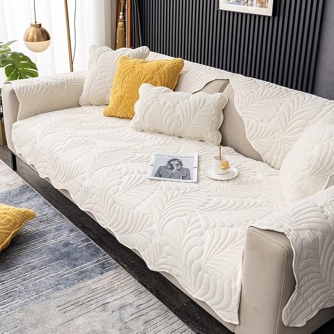Couch Covers Plush Quilted Sofa Covers for Sectional Sofa Washable | Palm Leaves Couch Cover Chenille Non Slip Sofa Covers Soft Sofa Slipcover Furniture Protector for Pets Kids Children Dogs Cat - Image 5