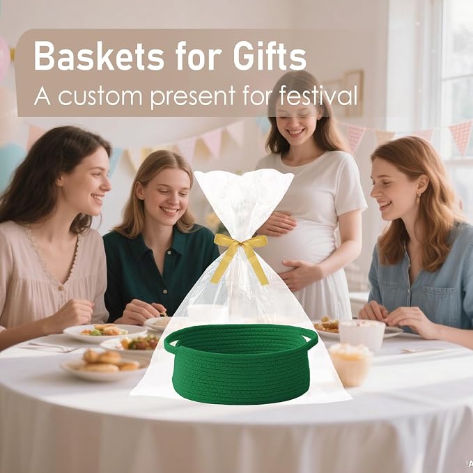 JMvicyroam Small Woven Basket, Empty Gift Basket, Green/1 Pack | Small Gift Basket, Cotton Rope, 12 x 8 x 18 in, Handles, Includes Ribbon and Bag, Birthday Gift Basket - Image 4