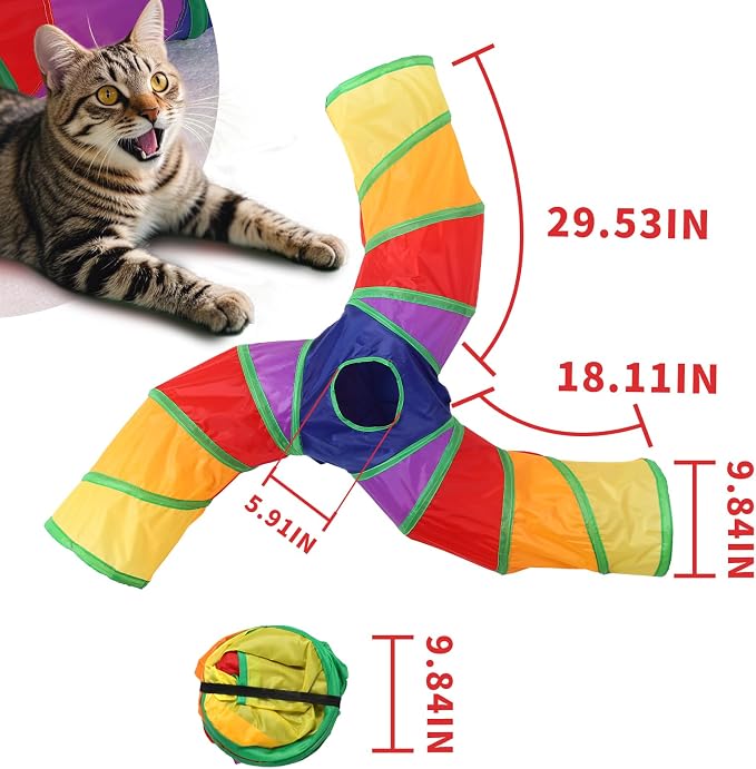Pet Cat Tunnel, 3 Way Tunnels for Indoor Cats, Collapsible Pet Tunnel for Kitten, Puppy, Rabbit, 25cm-Wide Tunnels, Durable & Breathable, with Peek Hole Toy Ball - Image 7