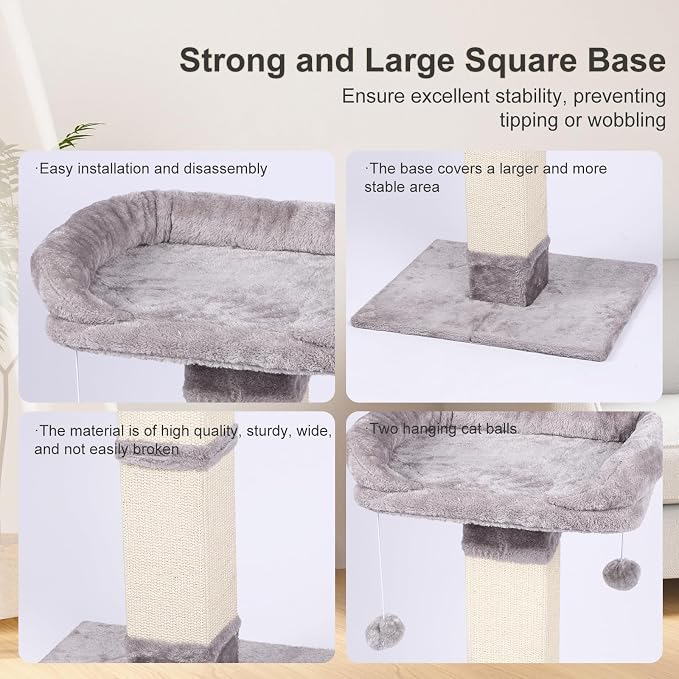 34" Tall Cat Scratching Post with Bed, Sisal Scratch Posts Trees with Plush Perch and Hanging Ball for Indoor Cats, Removable Cover, Large Scratch Post and Base, Rugged and Durable, Light Grey - Image 7