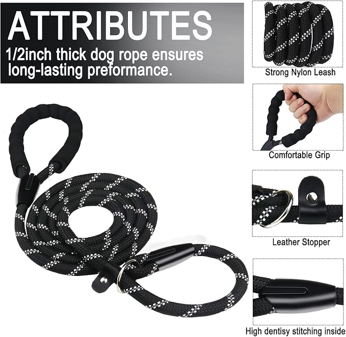 BOOEUDI Dog Leash, Heavy Duty Dog Leashes with Comfortable Padded Handle | Dog Leash 5 FT, Premium Quality Strong Training Rope Slip Leash with Highly Reflective Threads for Small Medium and Large Dog - Image 2