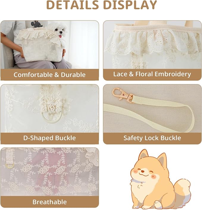 ONECUTE Dog Carrier for Small Dogs Rabbit cat with Lace Design, Cotton Bag, Dog Carrier Soft Sided, Collapsible Travel Puppy Carrier (Beige, 9.4" L x 5.9" W x 9.4" H) - Image 3