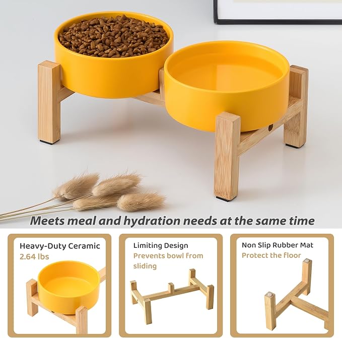 Elevated Ceramic Dog Bowl Set - Raised Dog Bowls with Non Slip Bamboo Stand, Food and Water Bowl Set for Kitty, Cats and Toy Breed Dogs, Pet Bowls, Dogs Dishes (5.1'', 2 * 16OZ, Yellow) - Image 5