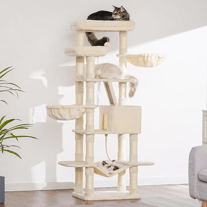 Heybly Cat Tree, 68 inch Multi-Level Cat Tower for Indoor Cats HCT025M | Cat Condo with 2 Widened Plush Perches, 2 Cozy Baskets, Scratching Board and Big Caves, Beige - Image 4