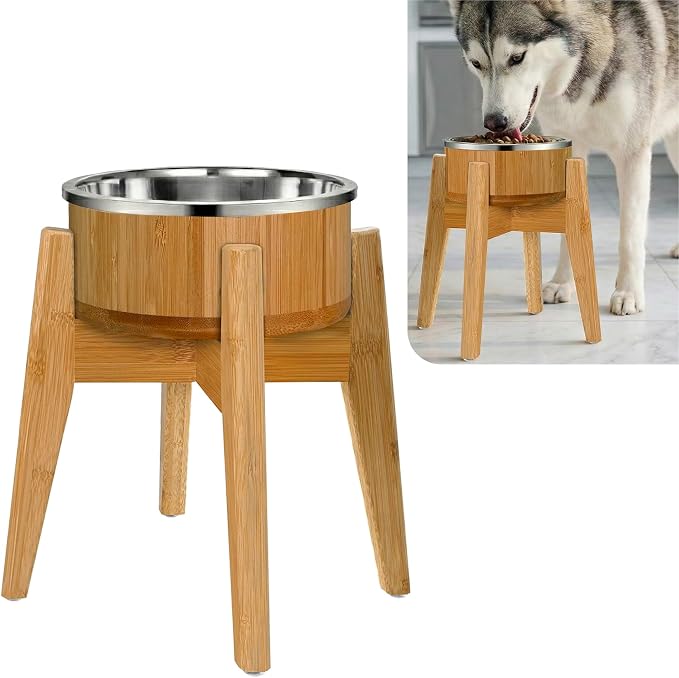 Elevated Dog Bowl for Mid-Large Breed, (12-Inch High, 64-oz) | Raised Food and Water Bowl with Stand, Flip-Resistant - Real Bamboo and Stainless Steel by ZPirates