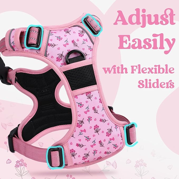 rabbitgoo Dog Harness for Large, Updated Easy On & Off with 3 Buckles | No Pull No Choke, Walking with 2 Clips and Handle, Adjustable Soft Reflective, Floral Pink, Large - Image 4