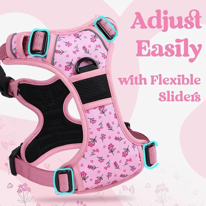 rabbitgoo Dog Harness Medium Sized, Updated Easy On & Off with 3 Buckles | No Pull No Choke, Walking with 2 Clips and Handle, Adjustable Soft Reflective, Floral Pink, Medium - Image 4