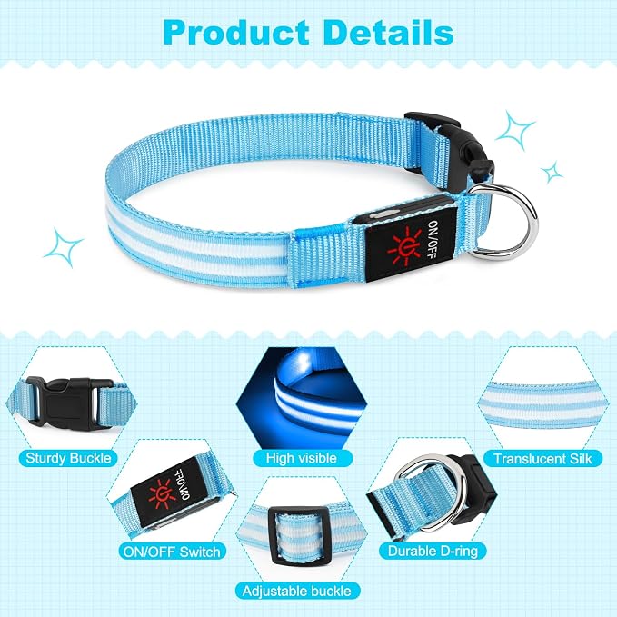 Illumifun Light Up Dog Collar, Rechargeable Water-Resistant LED Dog Collar Glow in the Dark, Flashing Lighted Collars for Pet Walking at Night (Blue, Small) - Image 3