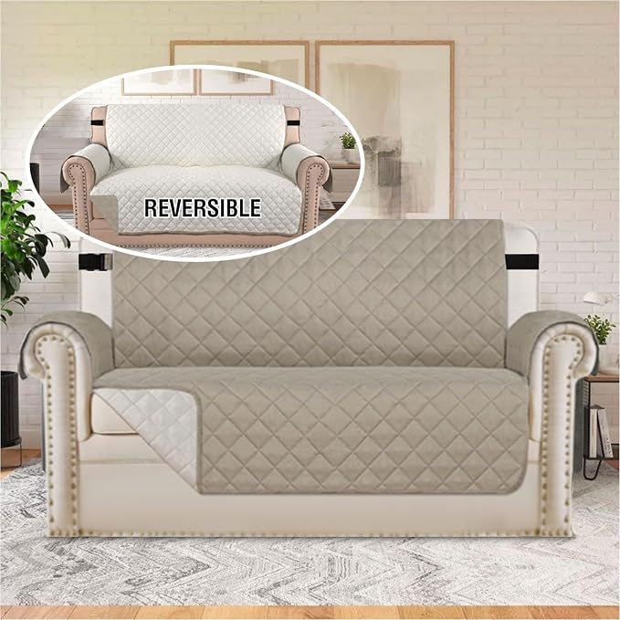 H.VERSAILTEX Reversible Couch Cover for 2 Cushion Couch Water Resistant Loveseat Couch Cover Washable Furniture Cover with Non-Slip Elastic Strap for Dogs, Pets, Kids(Oversized Loveseat, Khaki/Beige) - Image 3