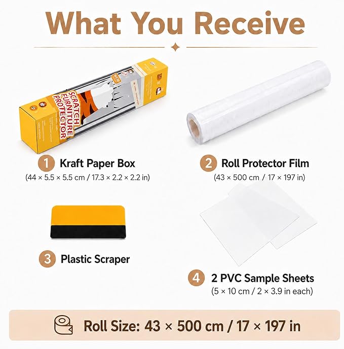 Cat Scratch Furniture Protector, 17 x 200 Inch Clear PVC Roll | 0.12 mm self-adhesive PVC with 2 test patches and a felt-edge squeegee for compatible smooth furniture surfaces - Image 2