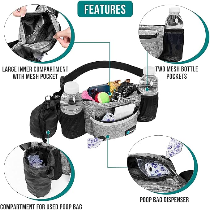 PetAmi Dog Fanny Pack, Treat Pouch for Dog Walking Training, Light Gray | Built in Poop Bag Dispenser, Water Bottle Holder, Collapsible Bowl, Pet Treat Waist Belt for Hiking Running Kibbles - Image 3