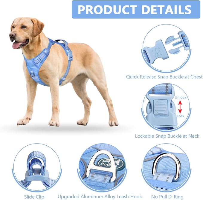PoyPet No Pull Dog Harness, Reflective Vest with 2 Leash Clips & Handle | Lockable Neck Release Buckle, No Choke, Adjustable, Soft Padded, for Walking Training, Light Blue Matching Trim, X-Large - Image 4