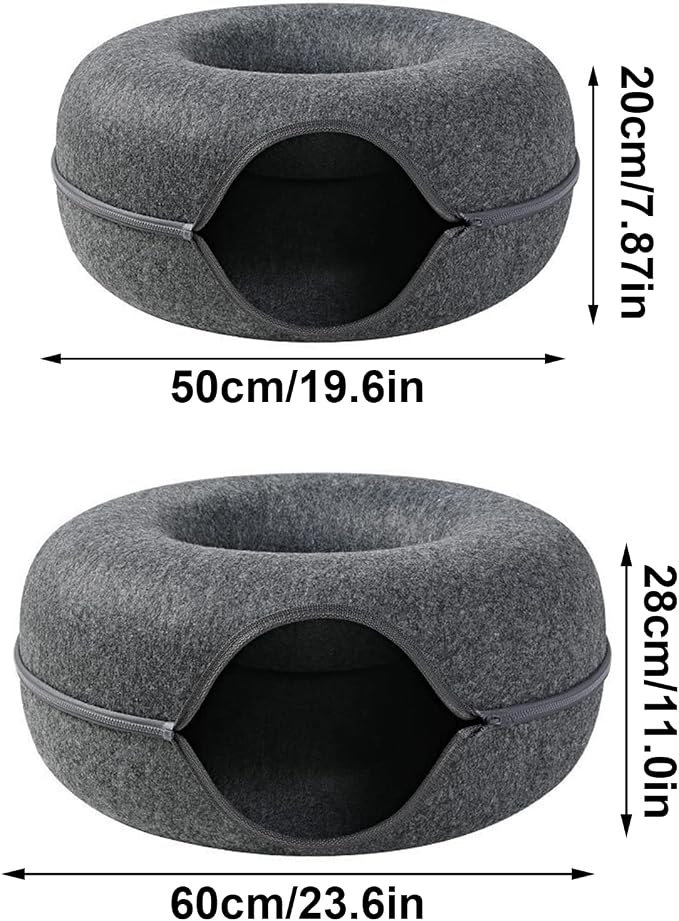 Felt Cat Cave Bed with Removable Cover, Cozy Pet Shelter for Indoor Cats, Zippered Washable Cat House with Roomy Interior (Dark Gray, for Cats Under 15 lbs, Donut Tunnel Style) - Image 5