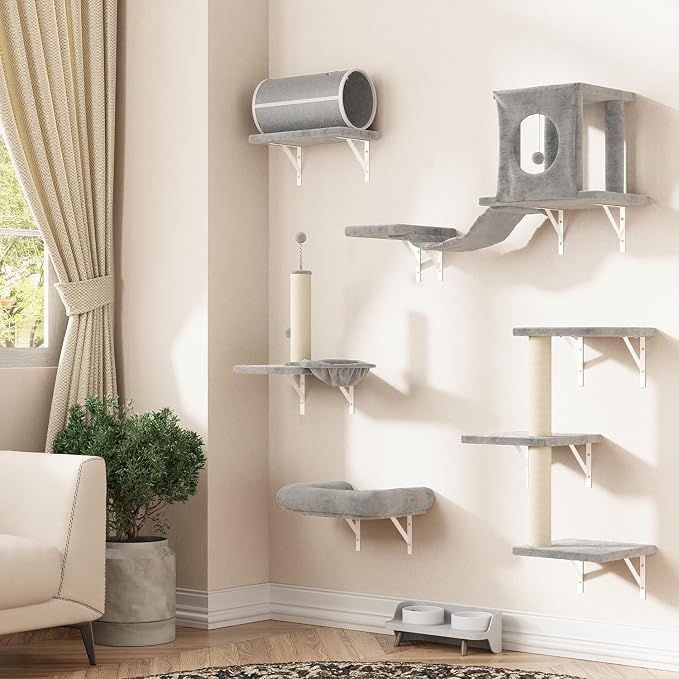 7-in-1 Cat Wall Shelves, Wall Mounted Climber Set | Cat Furniture with House, Tunnel, Bridge, Steps, Scratcher, Hammock, Shelves for Indoor, Gray by NUNULAB