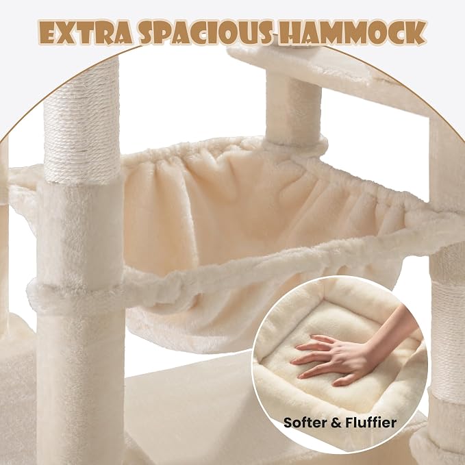 SHA CERLIN 81in Multi-Level Tall Cat Tree Tower for Indoor Kitties/Larger Cat Condo Furniture with Hammock/Cozy Pussycat Perches/Sisal Scratching Posts/Pet House/Wide Base/Beige - Image 6