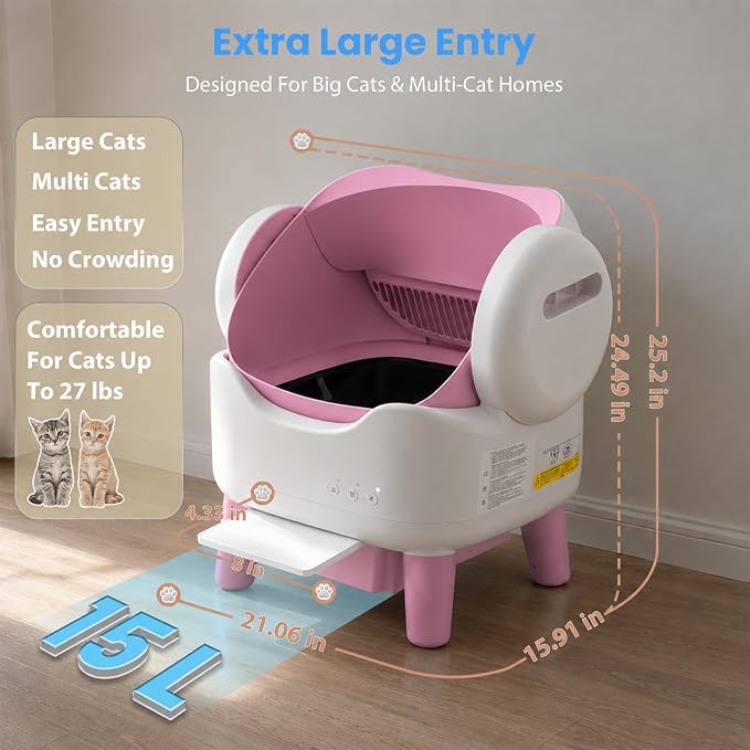 RPZ Automatic Cat Litter Box with APP Control, Open-top Design, 360° Safety Sensors, Self Cleaning Cat Litter Box for Multiple Cats, Litter Mat & 2 Rolls Refill Bags Included - Image 3