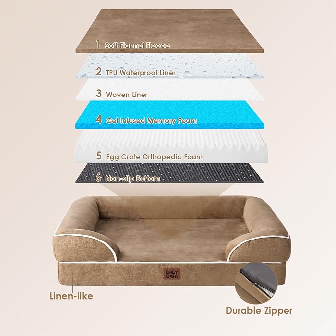 EHEYCIGA Orthopedic Dog Beds Large Sized Dog, Waterproof Washable Pet Bed | Non-Slip Bottom and Egg-Crate Memory Foam XL Dog Couch Bed with Washable Removable Cover, Camel, 41Inch - Image 5