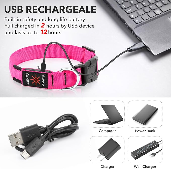 Illumifun Rechargeable LED Dog Collar, Waterproof Light Up Dog Collars Glow in the Dark, Adjustable Safety Collar Light for Dogs Walking Camping (Pink, Medium) - Image 4