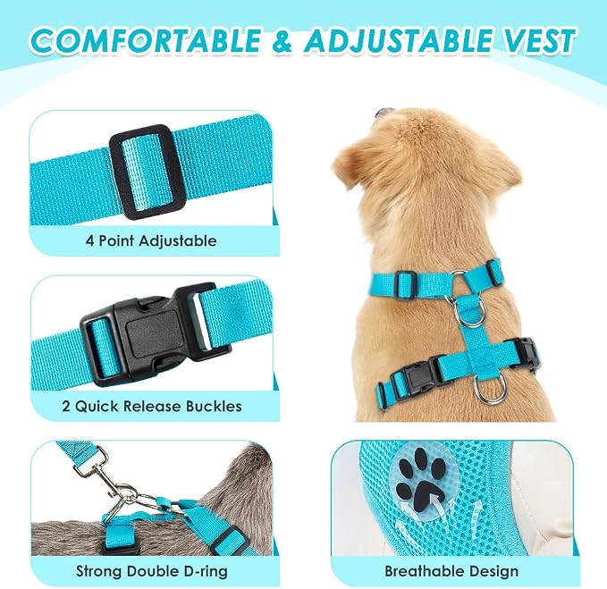 Lukovee Dog Car Harness Seat Belt, Harness & Seatbelt with 2 in 1 Buckle | Adjustable Soft Breathable Mesh Harness, Reflective Elastic Reflective Tether, for Small Medium Large Dogs Pets (L-Blue, XS) - Image 4