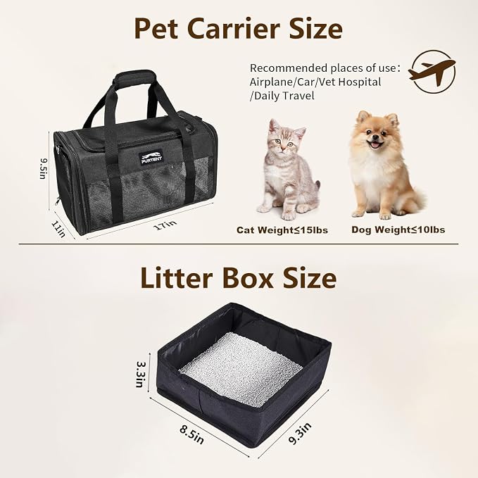 Pet Carrier Airline Approved, Soft Sided Cat Carrier for Small Pets up to 13 lbs, TSA Approved Dog Travel Bag, Portable Soft Sided Pet Carrier for Kittens and Puppies (Black, Travel Litter Box) - Image 2