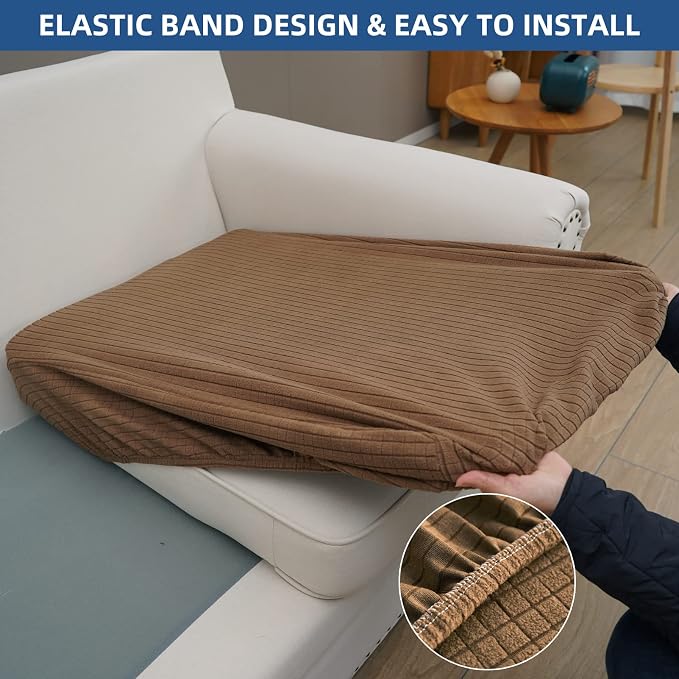Eismodra Couch Cushion Covers Magic Stretch Sofa Slipcover for 3 Cushion Couch Dogs Pet L Shape 2 Seat Replacement Furniture Protector,Light Brown Length 25-37 inches(Only 1 Piece) - Image 4