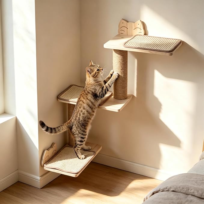 3-in-1 Cat Wall Shelves, Reversible Cat Wall Steps & Sisal Mat | Jute Scratching Post, Solid Pine Wood Cat Wall Furniture, Corner Cat Stairs for Climb Nap Scratch, Fits 16" Stud Drywall - Image 7