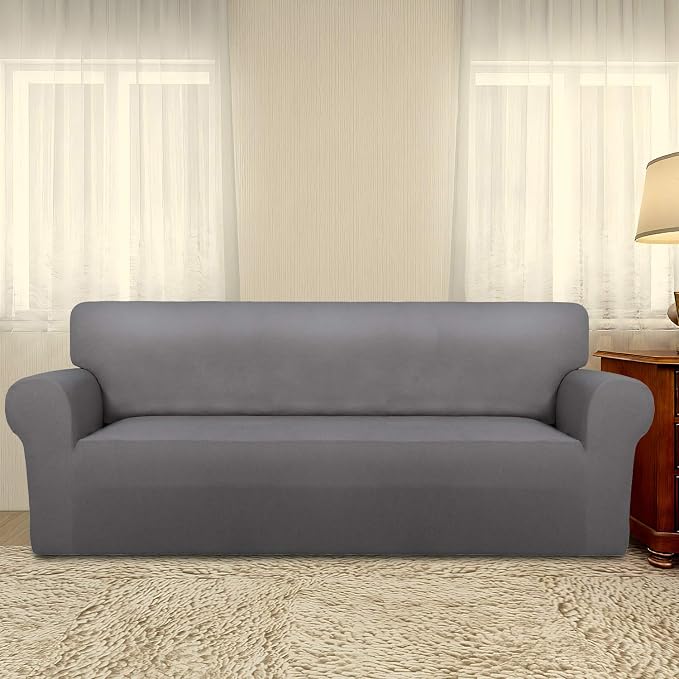 PureFit Stretch Oversized Couch Covers Fleece Sofa Slipcovers Light Gray | 1-Piece Sofa Cover Washable Soft Couch Protector, Couch Slipcover with Non Skid Foam and Elastic Bottom for Kids, Dogs - Image 2