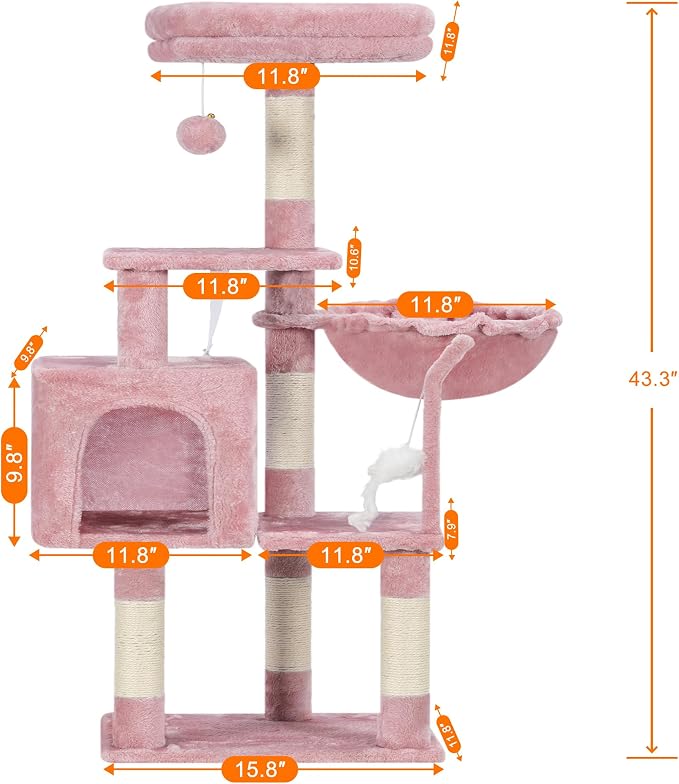 Heybly Cat Tree with Toy, 43.3 inch Cat Tower condo for Indoor Cats, Cat House with Padded Plush Perch, Cozy Hammock and Sisal Scratching Posts, Skin Pink HCT004SP - Image 4
