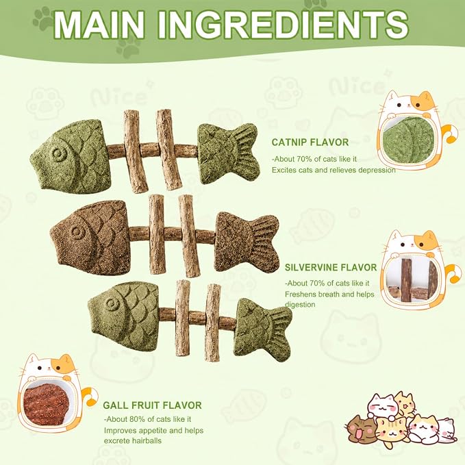 3PCS Catnip and Silvervine Chew, Creative Fish Bone Cat Dental Chew Toy, Fix Cat Dental Health, Durable Wooden Feline Tooth Care Tool - Image 3