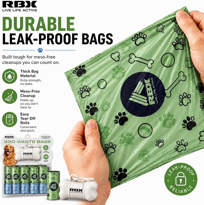 RBX Dog Poop Bags with Leash Holder, 320 Bags, 16 Refill Rolls | Clip-On Dispenser, Durable Leak-Proof, Recyclable Material - Image 4