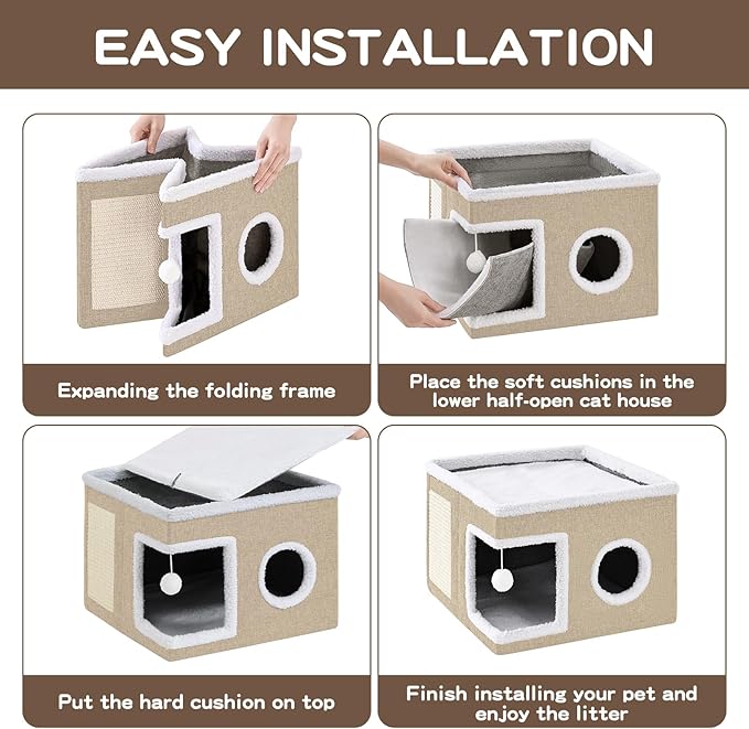Large Cat Houses for Indoor Cats with Fluffy Ball and Scratch Pad | Foldable Cat Bed Cave for Multiple Pets, Kitten Bed for All Seasons, Non-slip, Hold Up to 30LBS, 16x16x13inch, Khaki - Image 6