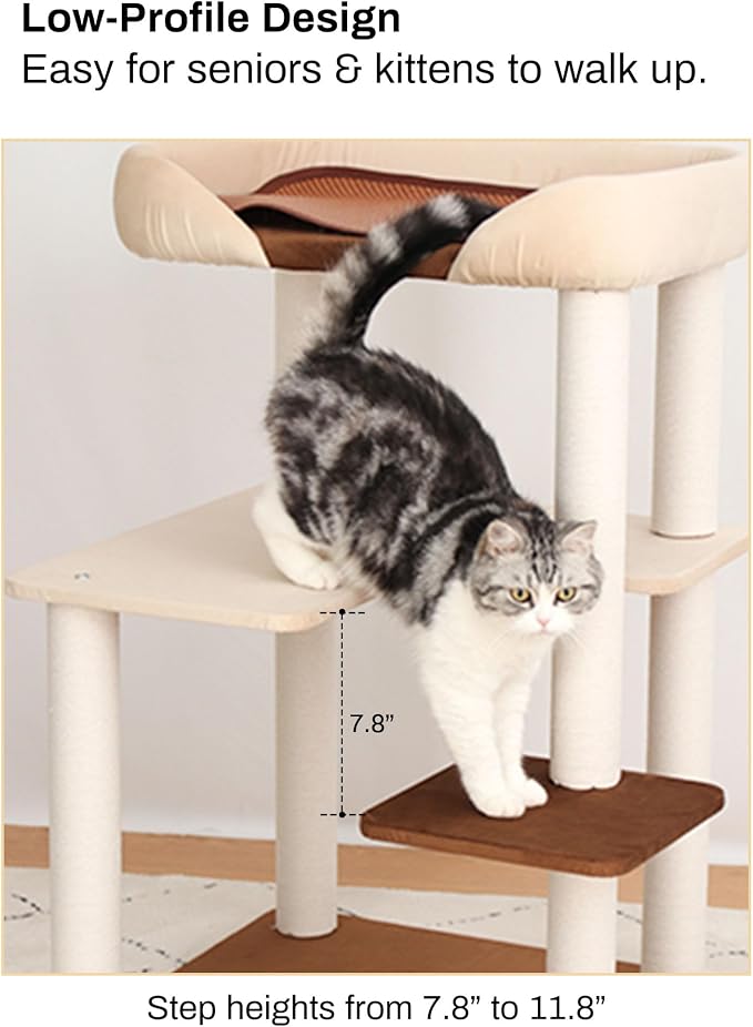 Cat Tree for Large Cats Modern Senior Friendly Wide Shelves 37.4'' | Wide shelves, cotton scratching posts, super sturdy base, cozy perch, interactive toys, luxury fabric - Image 4