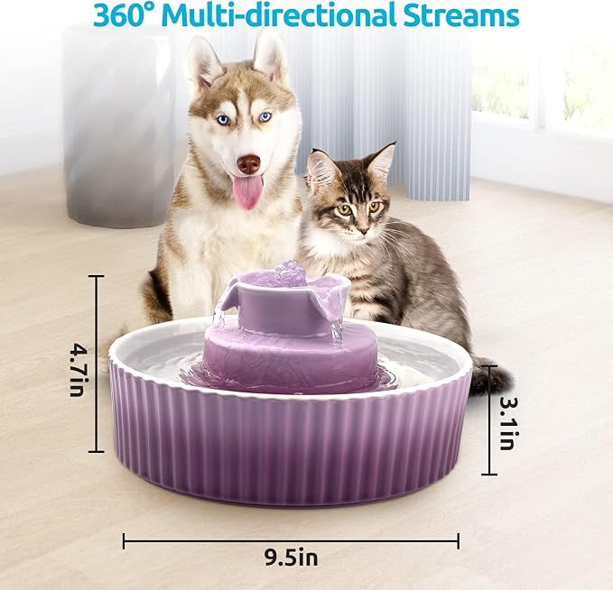 Ceramic Cat Fountain, 2.1L Pet Drinking Fountain for Cat and Dog, Cat Fountain Porcelain, Cat Water Dispenser with Activated Carbon Filter and Sponge Foam Pre-Filter (Purple) - Image 6