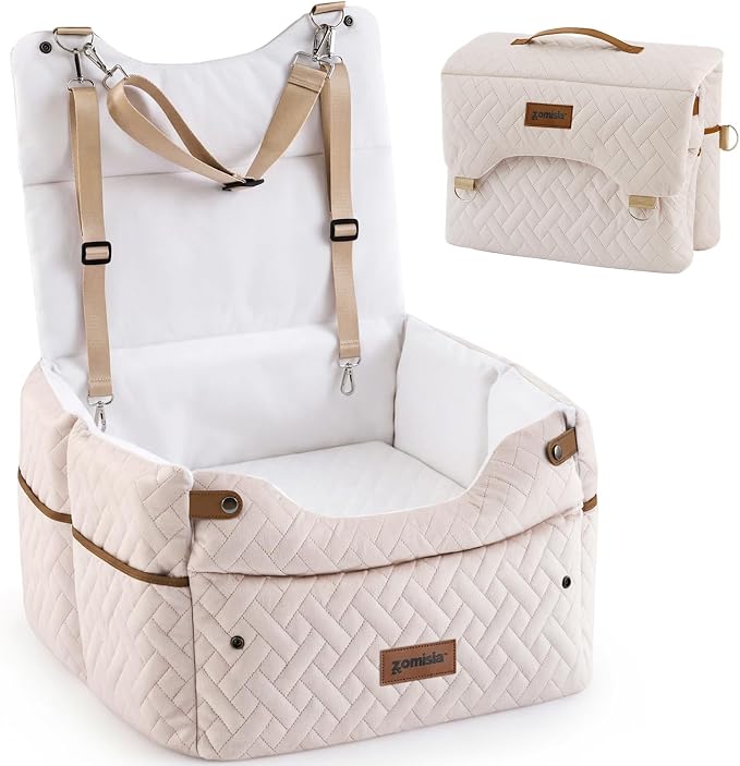 ZOMISIA Elevated Dog Car Seat for Medium Dogs, 3 Adjustable Heights with 2 Egg Crate Foam Boosters 4"+2", Dual-Sided Cooling&Plush Waterproof Cover, 2 Safety Leashes & Buckles, Beige by Zomisia