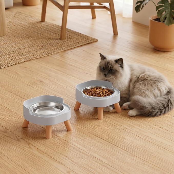 Elevated Cat Bowls, 2P Raised Cat Food and Water Bowl Set for Indoor Cats, Splash Proof with 2 Stainless Steel Pet Food Bowls for Cats ＆ Puppies, Whisker Friendly and Dishwasher Safe - Grey - Image 7