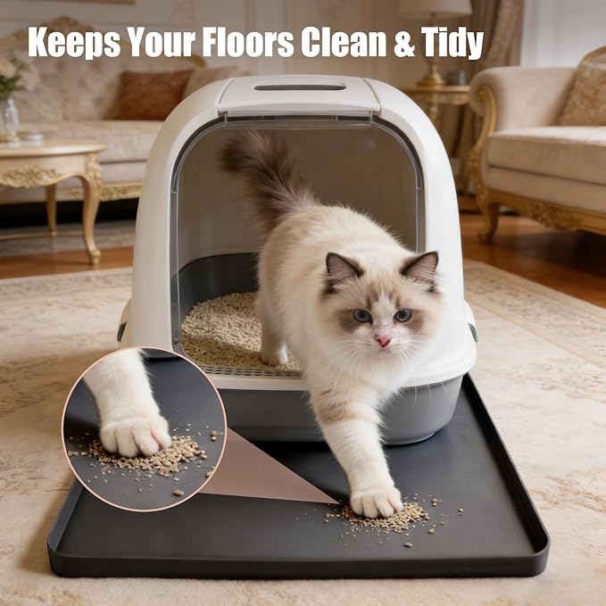Silicone Cat Litter Mat 24x20 In Waterproof Litter Box Mat Leak-Proof Thick Under Kitty Litter Box Feeding Tray with Raised Edges for Floor Carpet, Black - Image 3