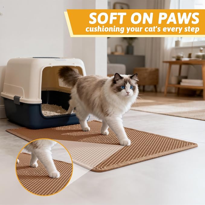 Pieviev Litter Mat, Double-Layer Waterproof Litter Trap, 30" x 24" Brown | Honeycomb Design Catches Scattered Particles to Stop Tracking, Urineproof Base Protects Floors, Easy to Clean - Image 4