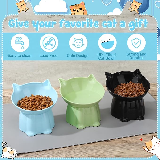 3 Pcs Elevated Cat Bowls 15°Raised Cat Food Bowl with Silicone Mat Green | Whisker Friendly Anti Vomiting Cats Dishes Pet Food and Water Bowls for Indoor Cats Kittens - Image 3