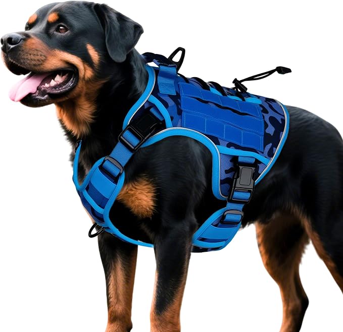Heavy-Duty Tactical Dog Harness for Large Dogs, No Pull Adjustable Reflective Pet Vest with Molle System, K9 Military-Grade Control for Service Training, Outdoor & 10+ Breeds, Blue Camo, X-Large by Bruvoalon