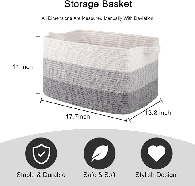 OIAHOMY Woven Blanket Basket Laundry Basket Dog Toy Basket Gradient Grey | Large Storage Basket,Baby Basket,Toy Storage,Woven Rope Basket for Blankets,Blanket Storage for Living Room - Image 3