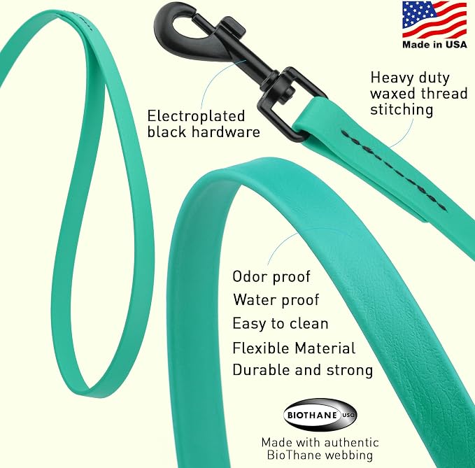 Dogline Biothane Waterproof Dog Leash Strong Coated Nylon Webbing with Black Hardware Odor-Proof Easy to Clean High Performance for Small or Large Dogs Made in USA 4 or 6 ft Lead, Teal - Image 2
