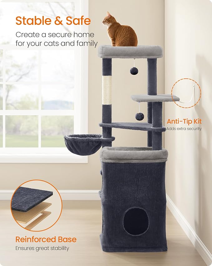Feandrea Cat Tree Indoor, 60" Multiple-Level Plush Cat Tower, Dark Gray | 2 Caves, 3 Steps, 3 Scratching Posts, 3 Ball Toys, Cat Condo House for Large Adult Cats, UPCT007G02 - Image 7